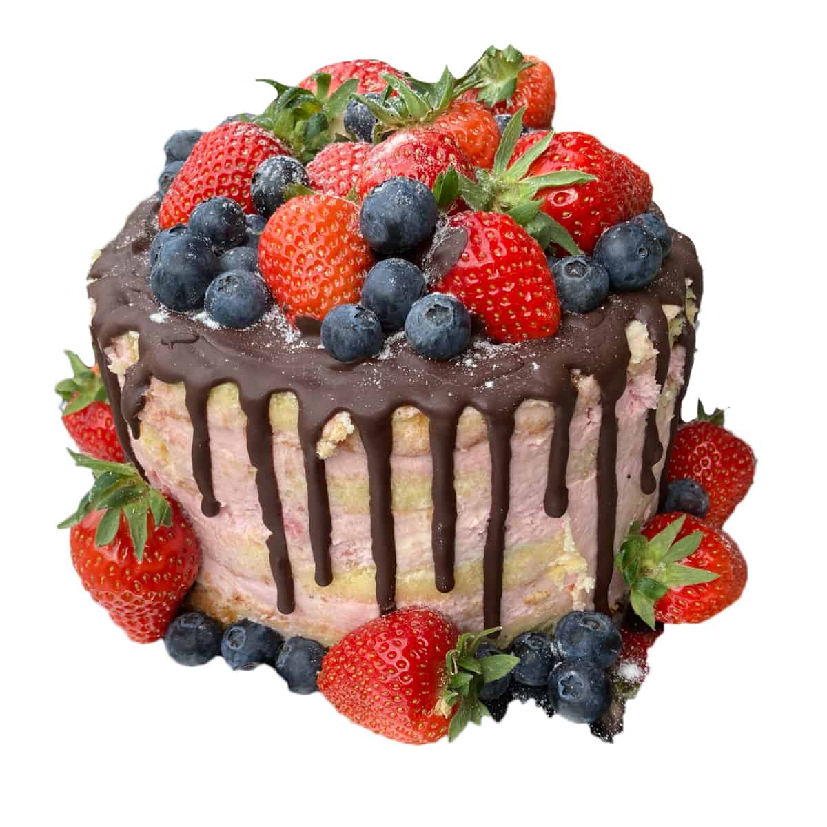 Naked Cake mit Schokoüberzug, Heidelbeeren und Erdbeeren - Tanja&amp;#39;s Hofcafe