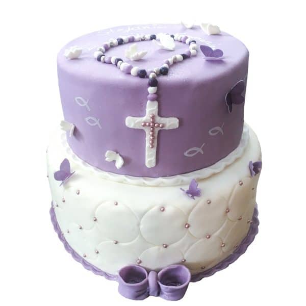 Zweistöckige Torte mit Rosenkranz, Schleife, Perlenverzierung und Schmetterlingen